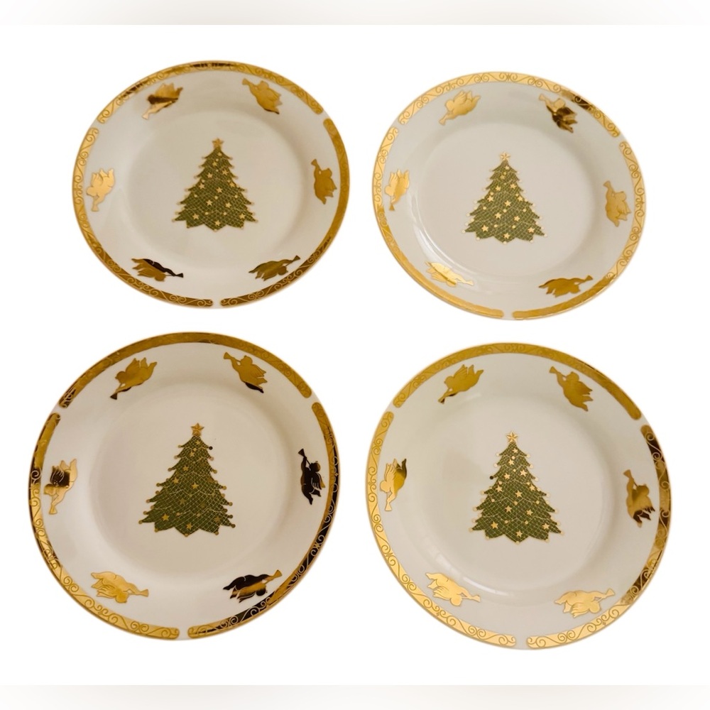 Montgomery Ward 4 dessert plates vintage Christmas tree cherub gold border